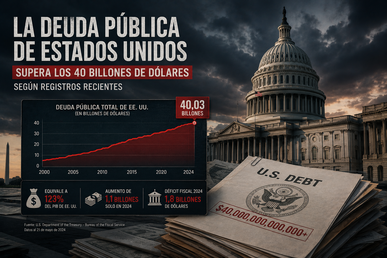 LA DEUDA PÚBLICA DE ESTADOS UNIDOS SUPERA LOS 40 BILLONES DE DÓLARES SEGÚN REGISTROS RECIENTES